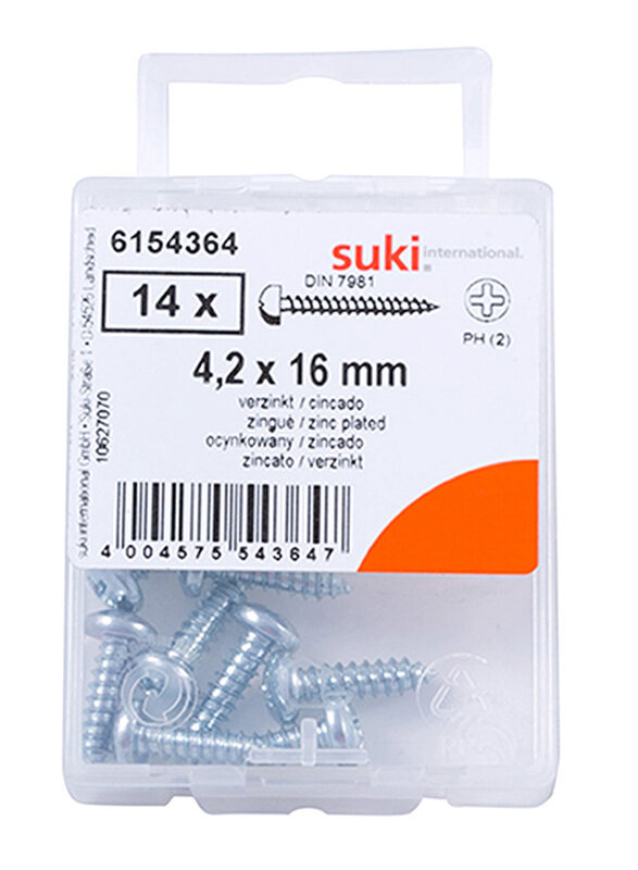 

Suki 14-Piece Countersunk Raised Self-Tapping Screws, 1.6 x 0.4cm, 6154364, Silver