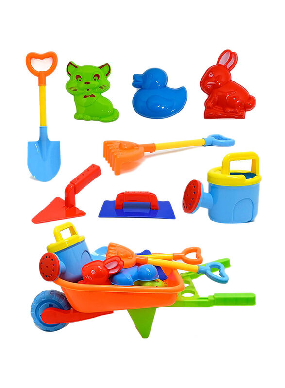 

Toy Land Kids Wheelbarrow Shovel Sand Beach Toys Summer Kids Set with Cart Watering Can Rake Shovel & 3 Mini Molds, 9 Pieces, Multicolour