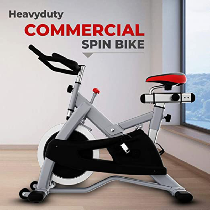 Sparnod Fitness SSB-122/WNQ-318M2 Commercial Grade Spin Bike Exercise Cycle with 22Kgs Solid Chrome Flywheel, Silver/Black