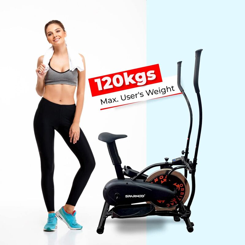 SPARNOD FITNESS SOB-11000 Upright Dual Orbitrek Cross Trainer & Cycle 7 kg Flywheel, Quiet Pedaling, 100kg user weight, LCD Display for Real-Time stats, Adjustable Seat, Built-in Transport Wheels.