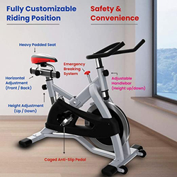 Sparnod Fitness SSB-122/WNQ-318M2 Commercial Grade Spin Bike Exercise Cycle with 22Kgs Solid Chrome Flywheel, Silver/Black