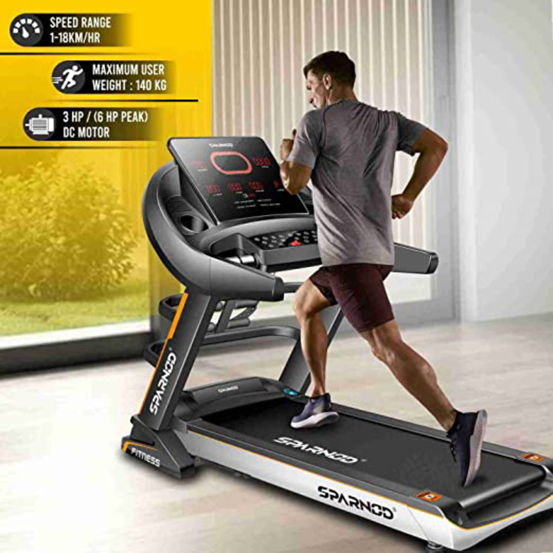 Sparnod Fitness STH-5700_MF 3-Hp Continuous DC Motorized Automatic Walking and Running Treadmill, 020 Black