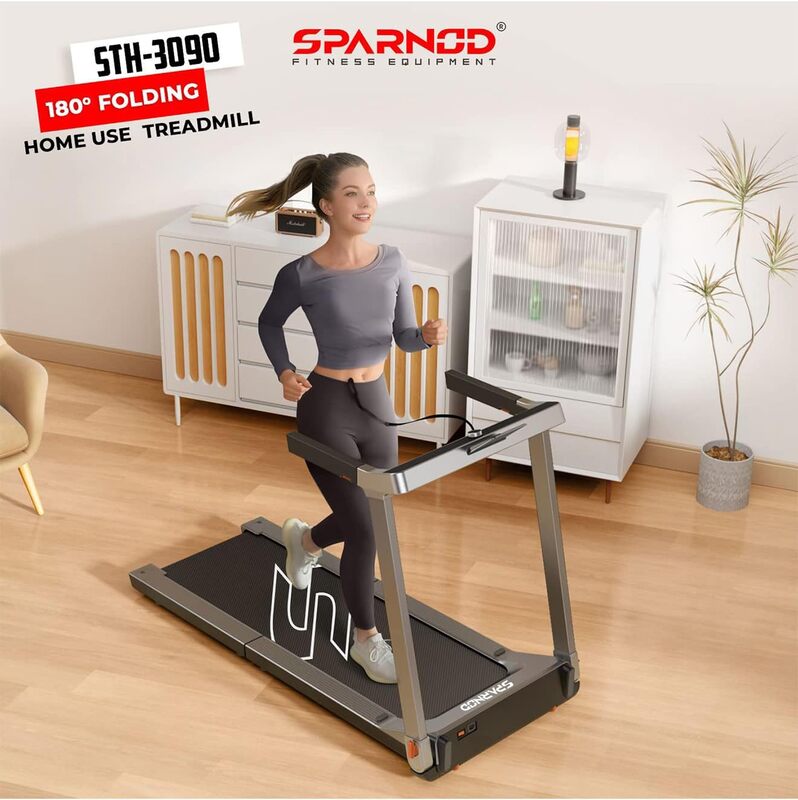 Sparnod Fitness STH-3090 2-in-1 Walking Pad/Treadmill 180° Foldable Deck, 5.5 HP Peak DC Motor, 110 kg User Weight Capacity, Speed Knob, Black & Silver