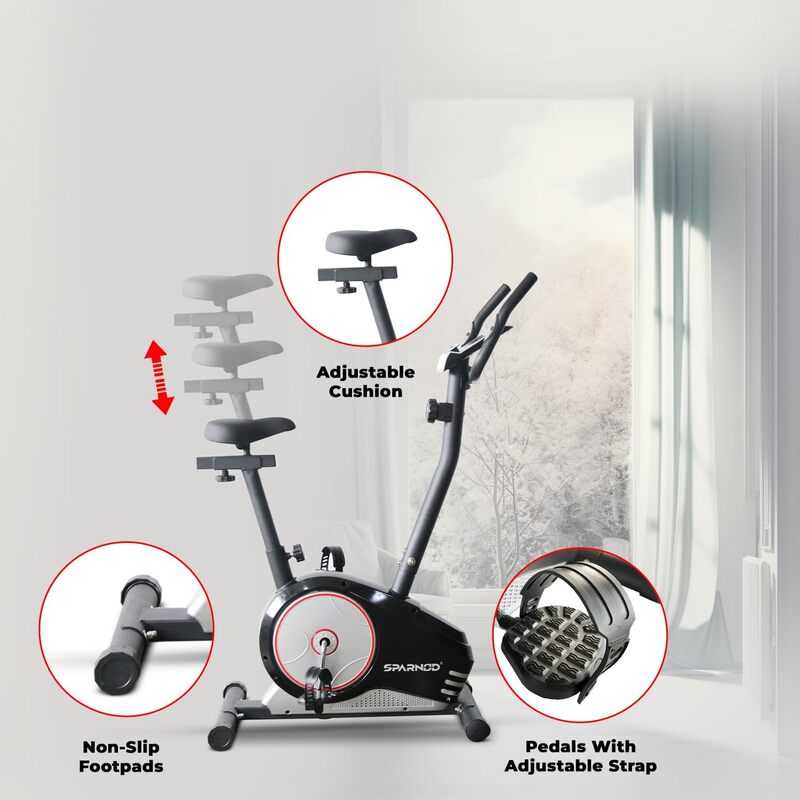 Sparnod Fitness SUB-51 Upright Exercise Bike- 6kg Iron Cast 2-way Flywheel, 8 Magnetic Resistances, Real-Time LCD Display, Adjustable Seat, Non-Slip Footpads, Mobile/Tablet Holder, 100kg User Weight