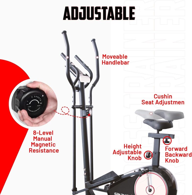 Sparnod Fitness SET-41 Elliptical Cross Trainer 5kg Flywheel, 8-Level Magnetic Resistance, LCD Display, Heart Rate Insights, Adjustable Seat, Transportation (SET-41)