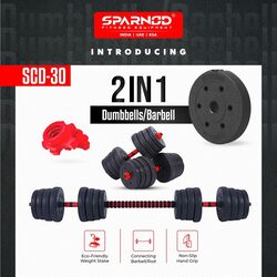 Sparnod Fitness SCD-30 2-in-1 Dumbbells/Barbell Set (30kg) - Easy 3-Step Assembly with Connector Rod, Eco-Friendly Weights, Concrete Dumbbells with PVC Coating, Slip-Free Handgrip, Total Home Fitness