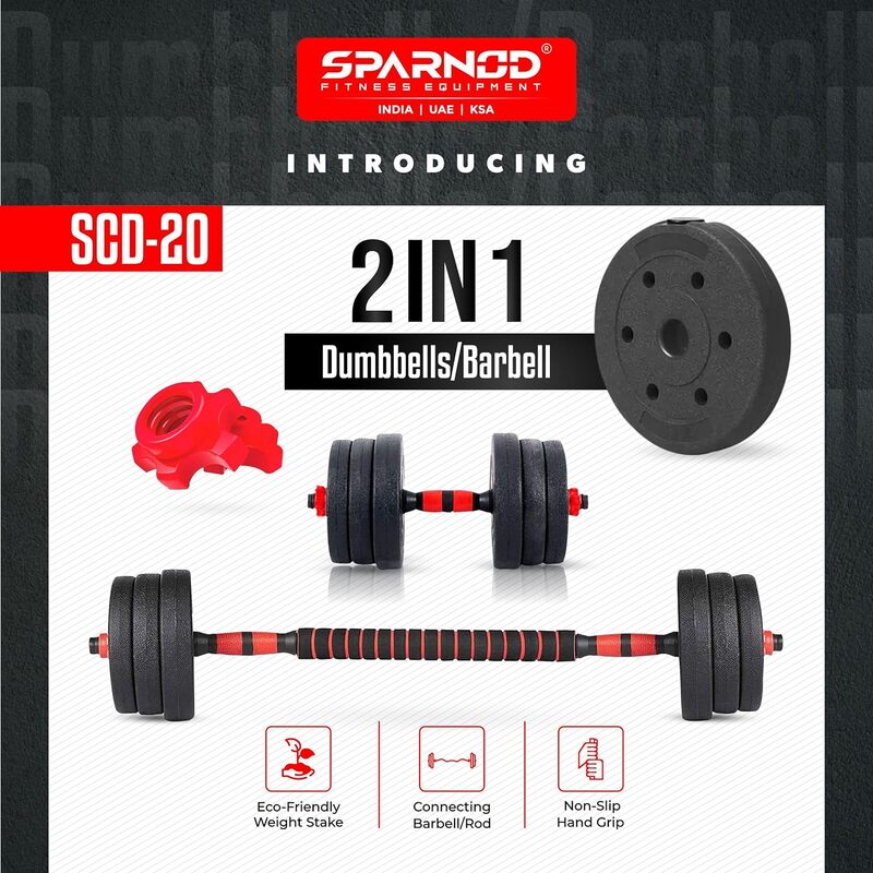 Sparnod Fitness SCD-20 2-in-1 Dumbbells/Barbell Set (20kg) - Easy 3-Step Assembly with Connector Rod, Eco-Friendly Weights, Concrete Dumbbells with PVC Coating, Slip-Free Handgrip, Total Home Fitness