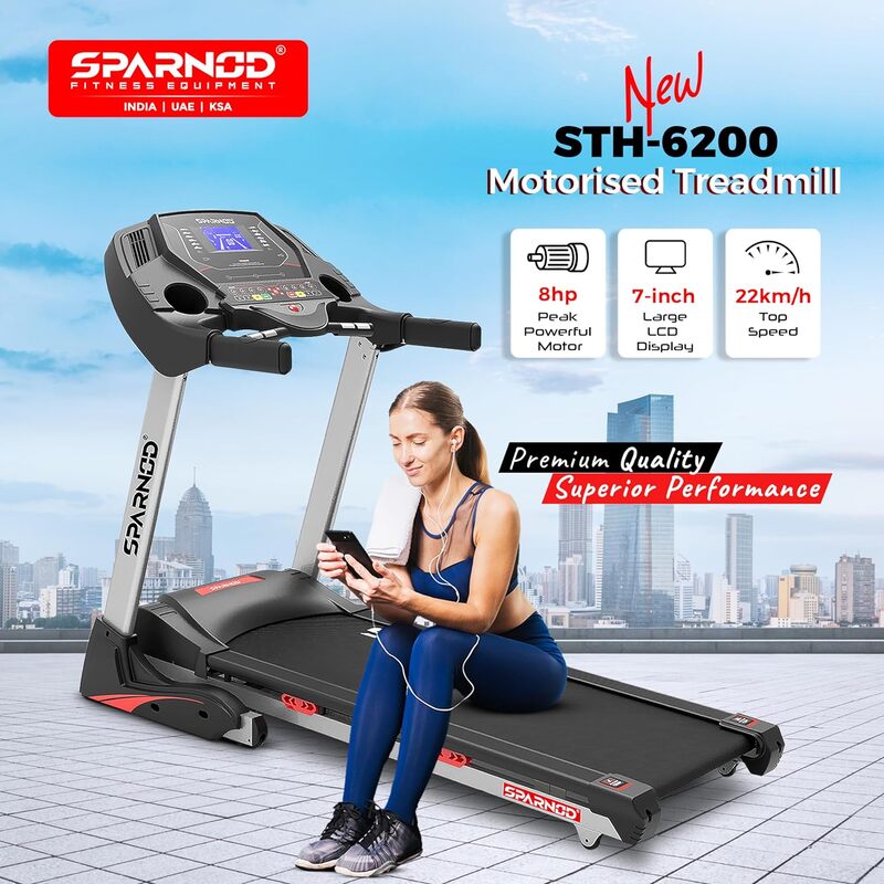 Sparnod Fitness STH-6200 High-Performance 8hp Peak DC Motor Treadmill: Speeds up to 22 km/h, Hydraulic Foldable Design, 7" LCD, Bluetooth Speaker, User Weight 160kg - Elevate Your Workouts