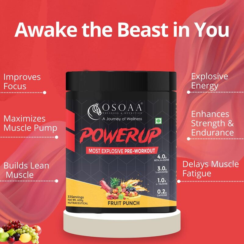 OSOAA Power Up Pre-Workout Supplement (400gm, Fruit Punch) Essential Minerals & L-Arginine for Lean Muscles, Strength & Energy Boost