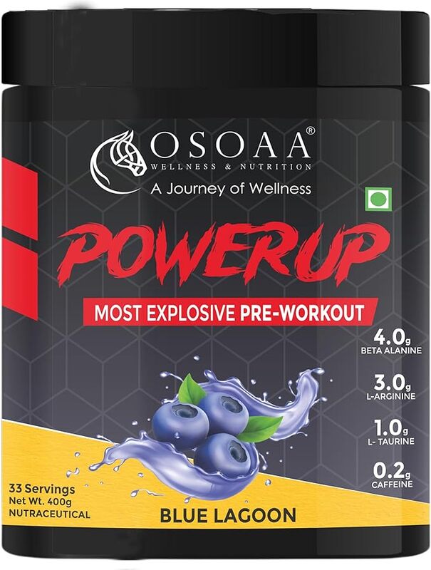 OSOAA Power Up Pre-Workout Supplement (400gm, Blue Lagoon) Lab Tested & FSSAI Approved Essential Minerals & L-Arginine for Lean Muscles, Strength & Energy Boost