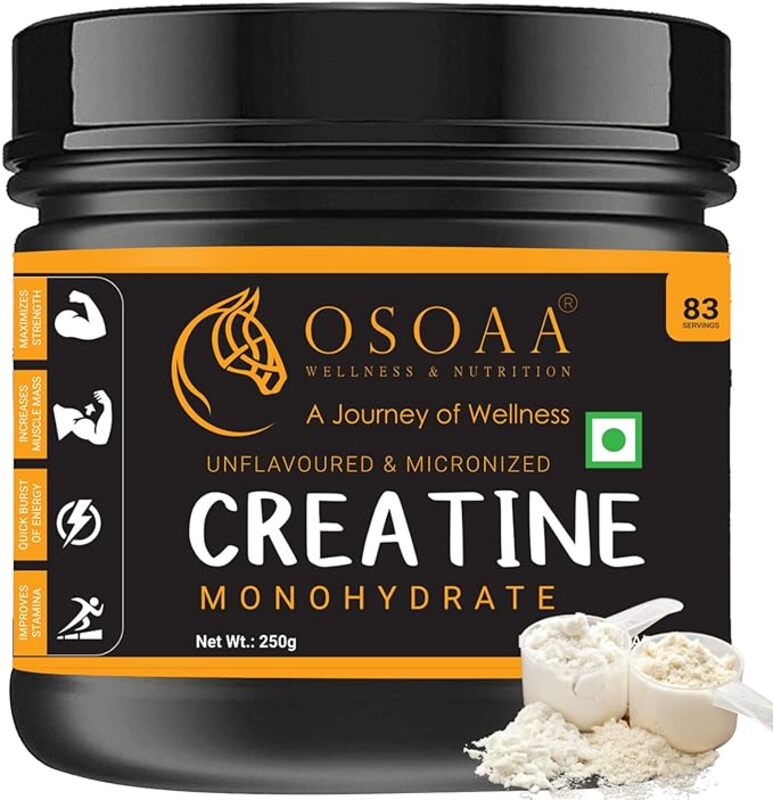 OSOAA Micronized Creatine Monohydrate Powder (250Gm, Unflavoured Lab Tested & Fssai Approved Boosts Athletic Performance  Pre- Post Workout Supplement (83 Serving)