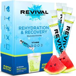 Revival Rapid Rehydration Electrolytes Powder - High Strength Vitamin C, B1, B3, B5, B12 Supplement Sachet Drink, Effervescent Electrolyte Hydration (Watermelon flavor, 30 Count