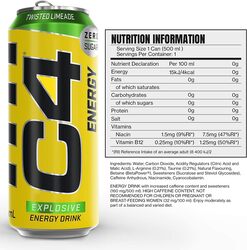 C4 Energy Drink Sugar Free, Caffeinated Energy-Drink, Carbonated Soft Drink  Twisted Limeade (12x500ml)