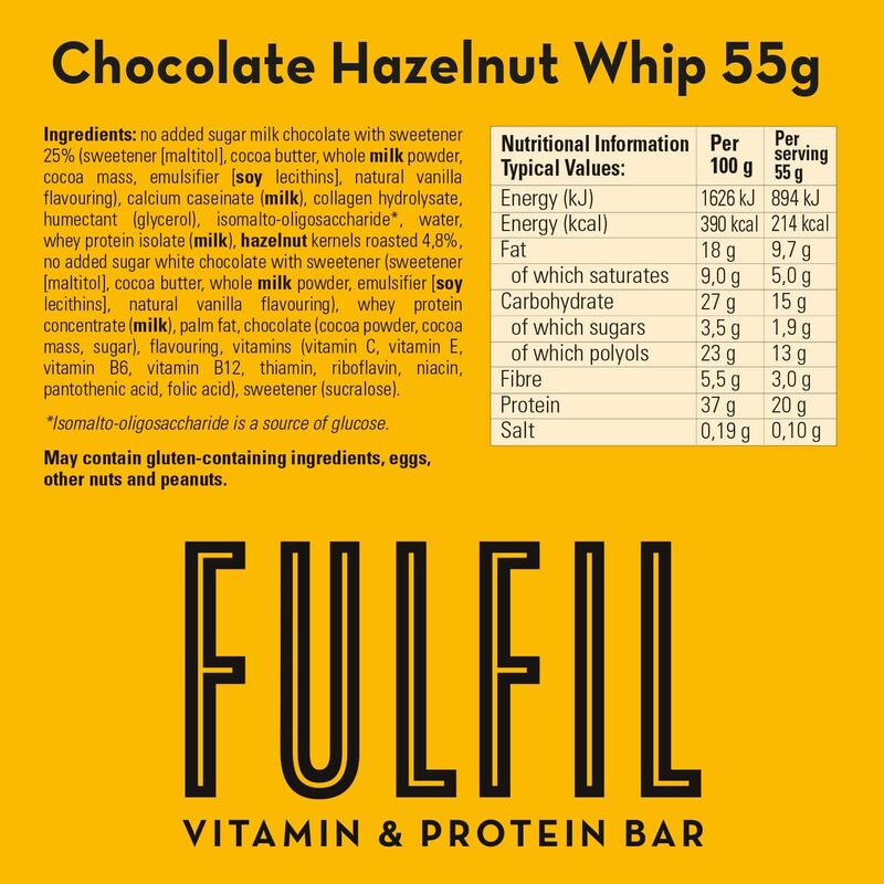 Protein Bar (15 X 55G Bars) Chocolate Hazelnut Whip Flavour 20G High Protein, 9 Vitamins, Low Sugar