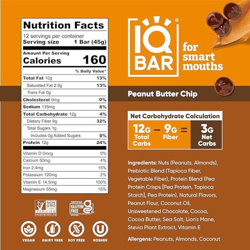 IQ Bar Brain and Body Keto Protein Bars, 12 Bars, Peanut Butter Chip