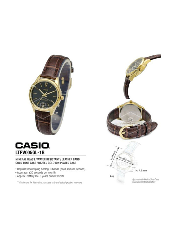 Casio dress Analog Watch for Women with Leather Band, Water Resistant, LTP-V005GL-1BUDF, Dark Brown/Black