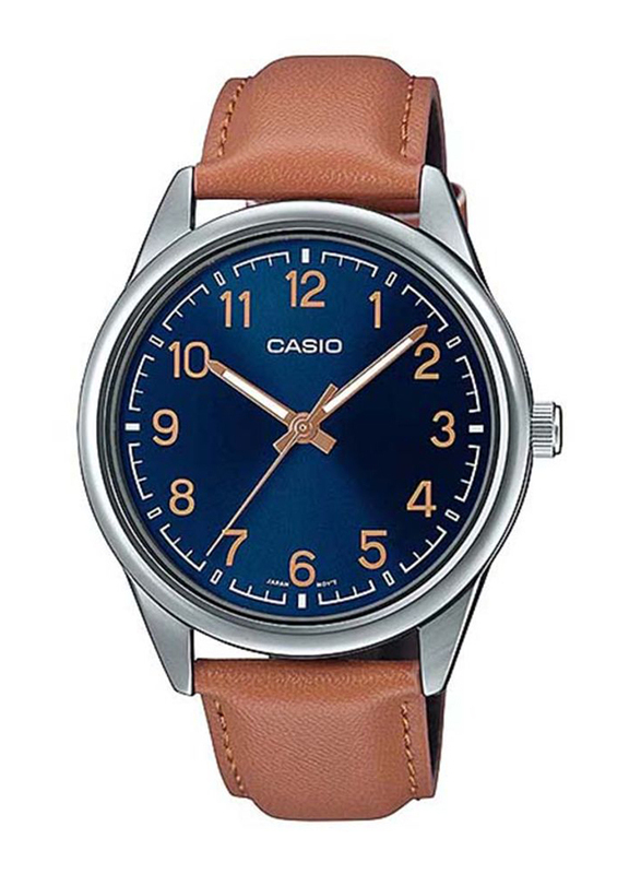 Casio Analog Watch for Men with Leather Band, Water Resistant, MTP-V005L-2B4UDF, Brown/Blue