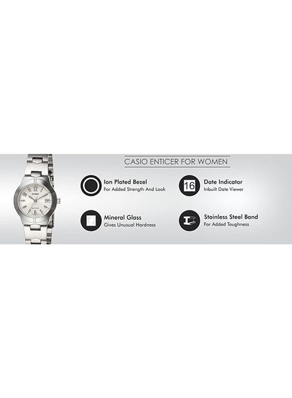 Casio Enticer Analog Watch for Women with Stainless Steel Band, Water Resistant, LTP-1241D-7A2DF, Silver/White