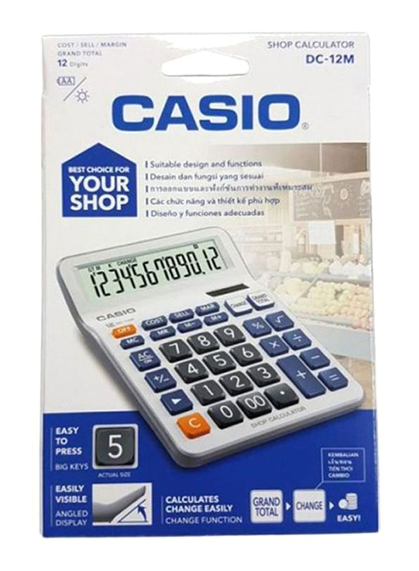 Casio 12-Digit Scientific Calculator, DC-12M, White/Grey/Blue