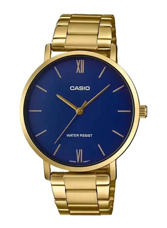 Casio Analog Watch for Men with Stainless Steel Band, Water Resistant, MTP-VT01G-2B2UDF, Gold-Blue