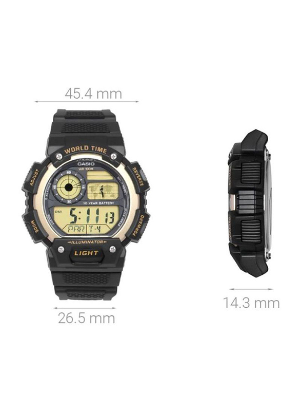 Casio Youth Digital Watch for Men with Resin Band, Water Resistant, AE-1400WH-9AVDF, Black/Gold