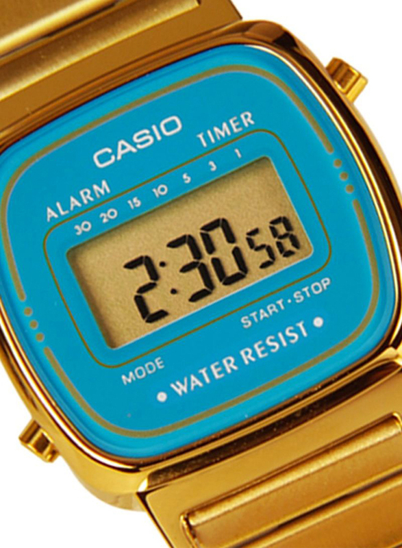 Casio Digital Watch for Men with Stainless Steel Band, Water Resistant, LA670WGA-2DF, Gold/Blue-Grey