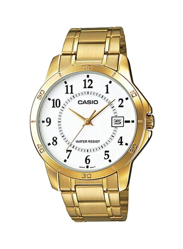Casio Dress Analog Watch for Men with Stainless Steel Band, Water Resistant, MTP-V004G-7BUDF, Gold/White