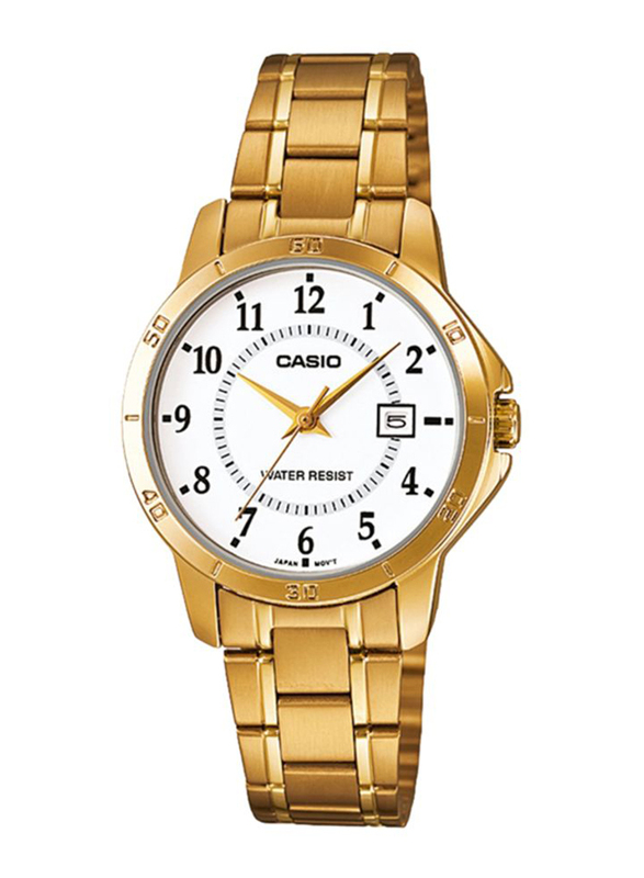 Casio Dress Analog Watch for Women with Stainless Steel Band, Water Resistant, LTP-V004G-7BVDF, Gold/White