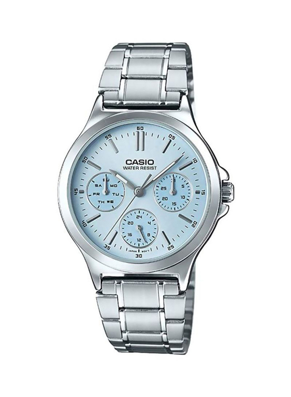 Casio Enticer Series Analog Watch for Women with Stainless Steel Band, Water Resistant, LTP-V300D-2AUDF, Silver/Blue