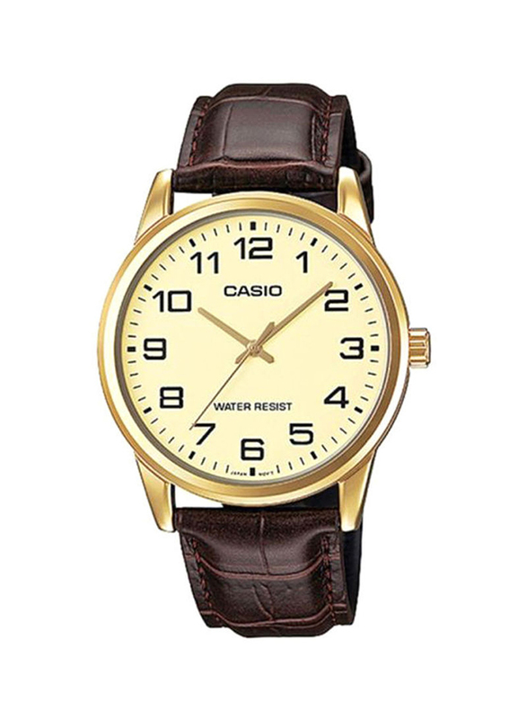Casio Enticer Series Analog Watch for Men with Leather Band, Water Resistant, MTP-V001GL-9BUDF, Brown/Gold