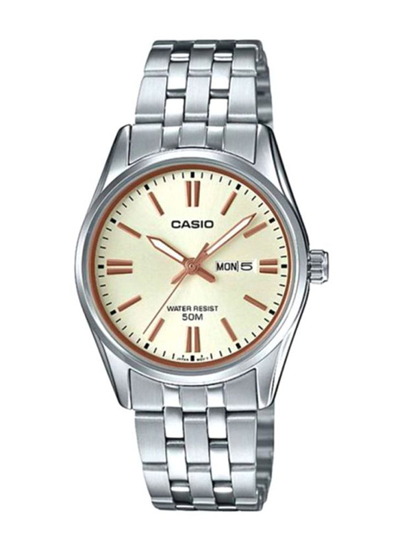 Casio Dress Analog Watch for Women with Stainless Steel Band, Water Resistant, LTP-1335D-9AVDF, Silver/Beige