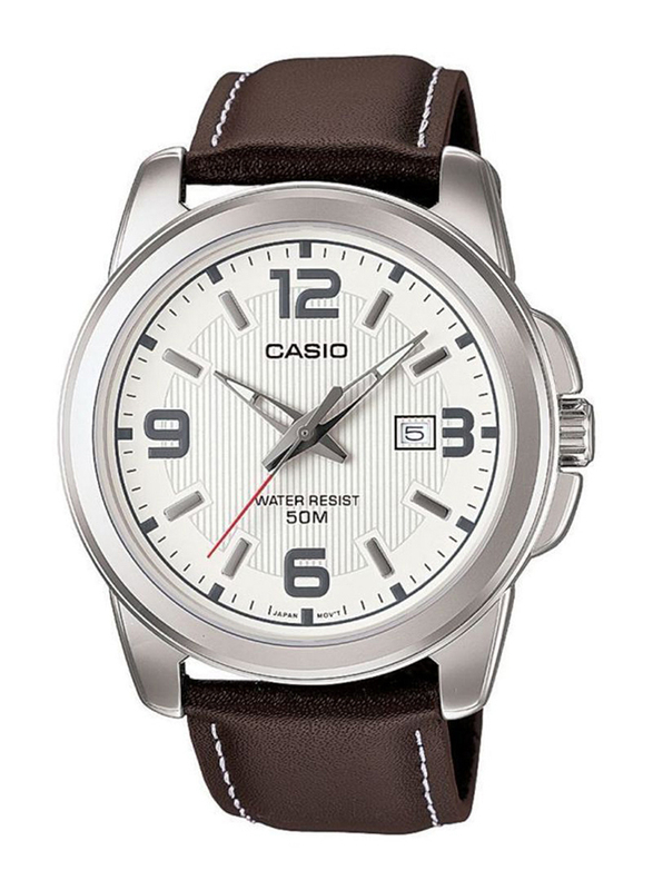 Casio Enticer Analog Watch for Men with Leather Band, Water Resistant, MTP-1314L-7AVDF, Brown/White