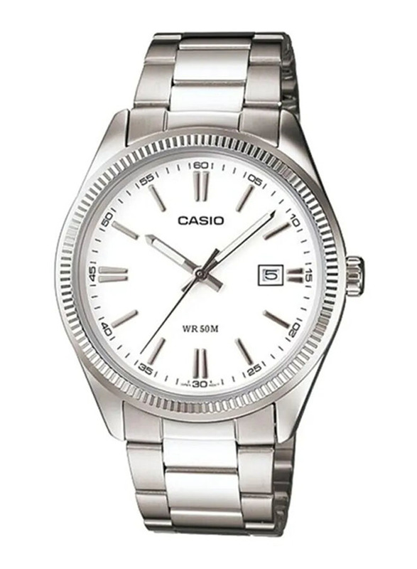 Casio Analog Watch for Men with Stainless Steel Band, Water Resistant, MTP-1302D-7A1VDF, Silver-White