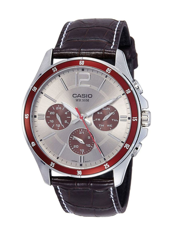 Casio Enticer Watch for Men with Leather Band, Water Resistant and Chronograph, MTP-1374L-7A1VDF, Brown/Silver-Brown