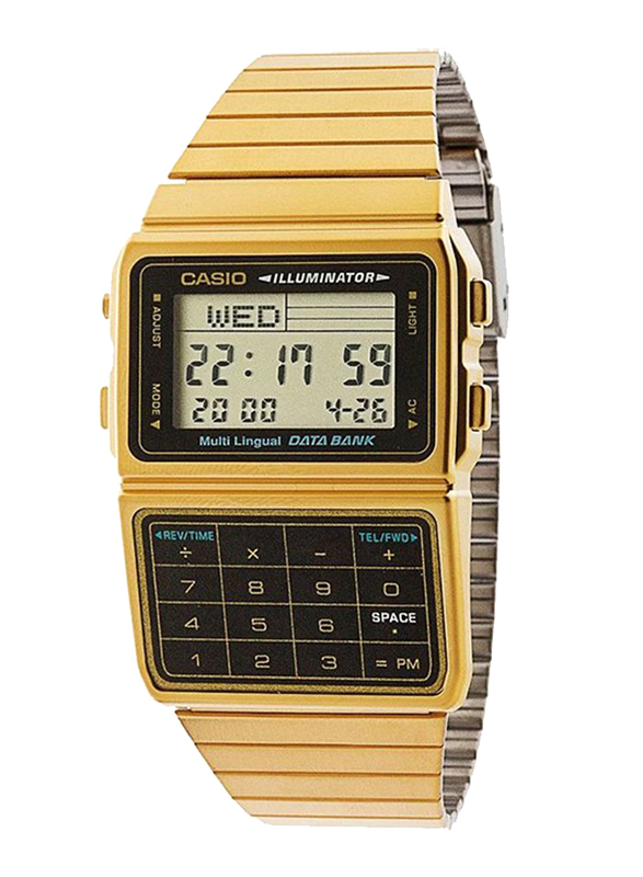Casio Data Bank Digital Watch for Men with Stainless Steel Band, Water Resistant, Dbc-611G-1, Gold/Grey