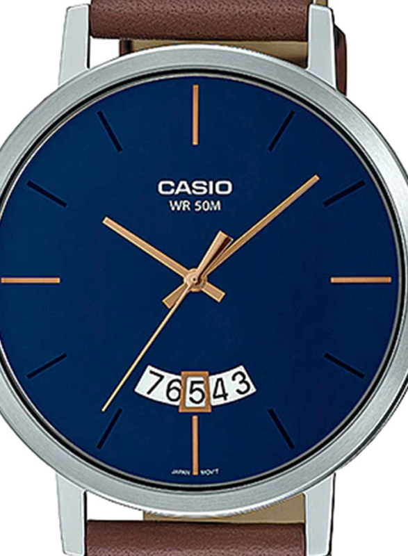 Casio Dress Analog Watch for Men with Leather Band, Water Resistant, MTP-B100L-2EV, Brown/Blue
