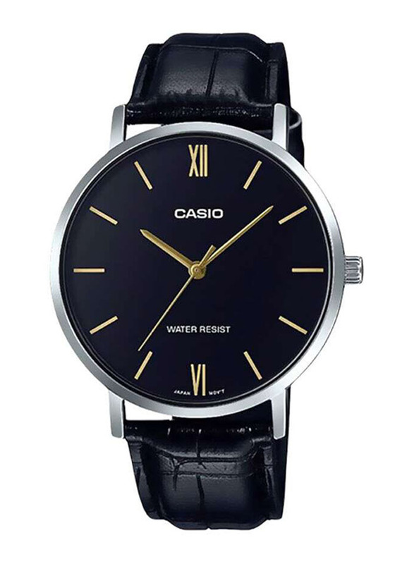 Casio Enticer Analog Watch for Men with Leather Genuine Band, Water Resistant with Chronograph, MTP-VT01L-1BUDF, Black