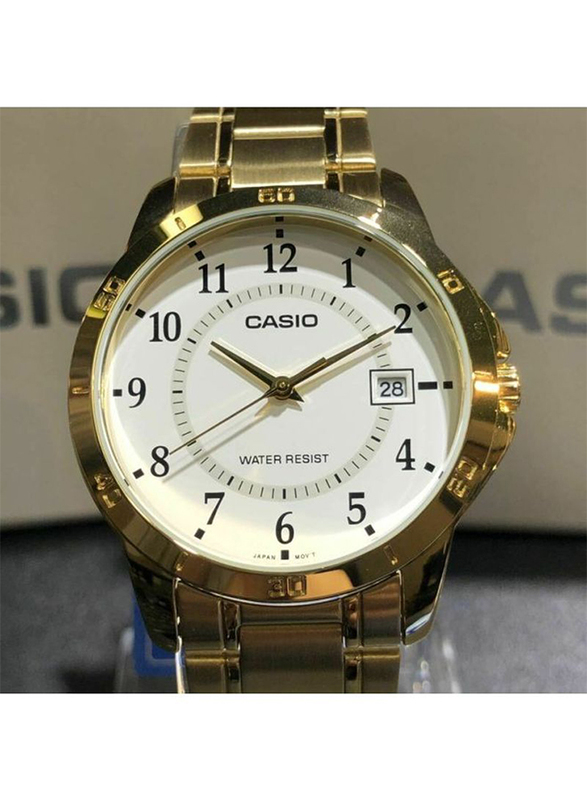 Casio Dress Analog Watch for Men with Stainless Steel Band, Water Resistant, MTP-V004G-7BUDF, Gold/White