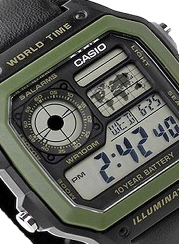 Casio Classic Digital Watch for Men with Nylon Band, Water Resistant, AE-1200WHB-1BVDF, Black/Grey