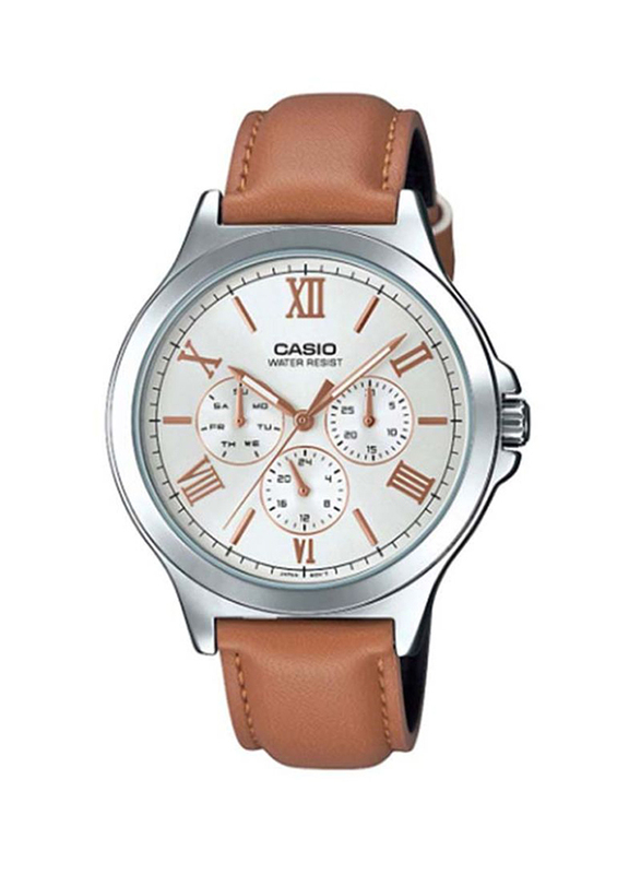 Casio Enticer Analog Watch for Men with Leather Band, Water Resistant, MTP-V300L-7A2UDF, Brown/Silver