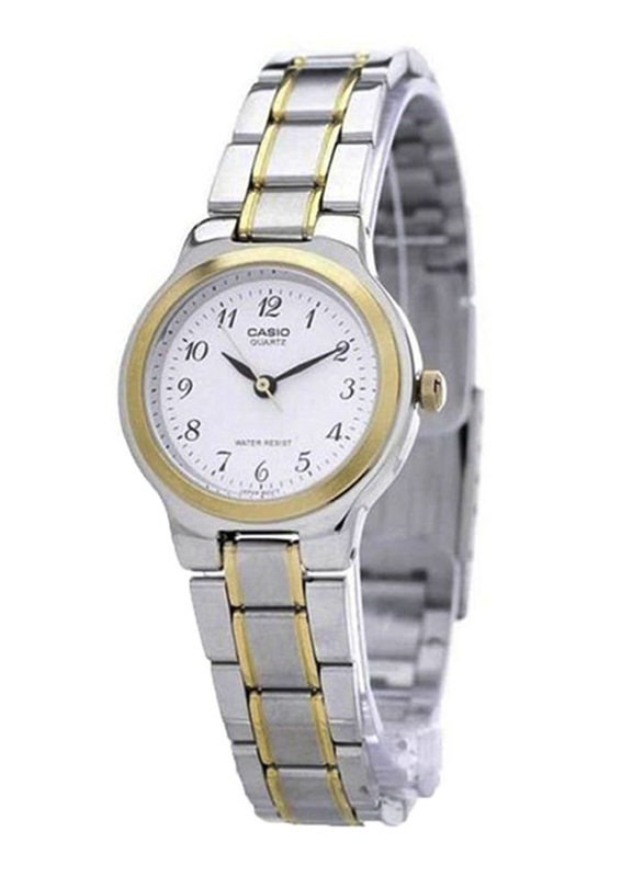 Casio Easy Reader Analog Watch for Women with Stainless Steel Band, Water Resistant, LTP-1131G-7BRDF, Silver-Gold/White