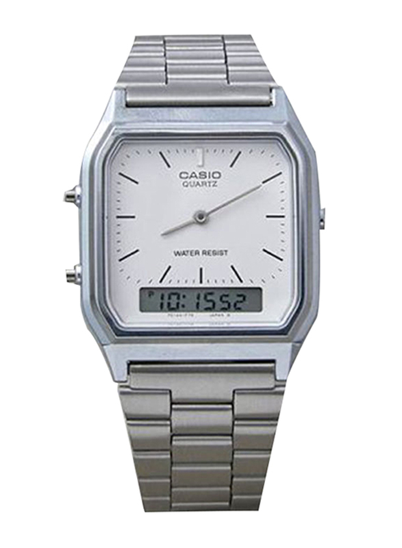 Casio Vintage Analog/Digital Watch for Men with Stainless Steel Band, Water Resistant, AQ-230A-7DMQ, Silver/White