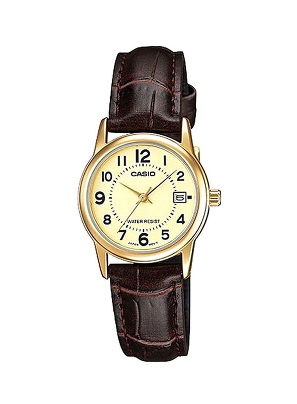 Casio Analog Watch for Women with Leather Band, Water Resistant, LTP-V002GL-9BUDF, Brown/Yellow