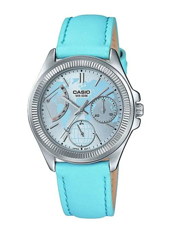 Casio Enticer Analog Watch for Women with Leather Band, Water Resistant, LTP-2089L-2AVDF, Blue