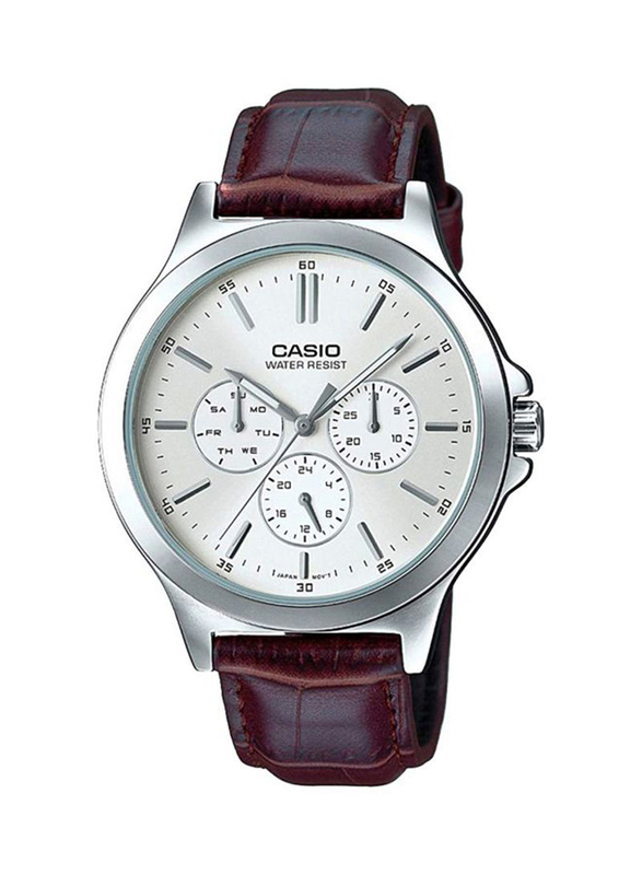 Casio Enticer Series Analog Watch for Men with Leather Band, Water Resistant, MTP-V300L-7AUDF, Brown/Silver