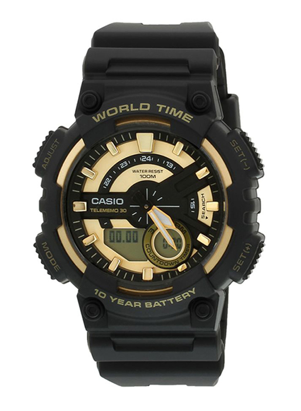 Casio Youth Analog/Digital Watch for Men with Resin Band, Water Resistant, AEQ-110BW-9AVDF, Black/Gold