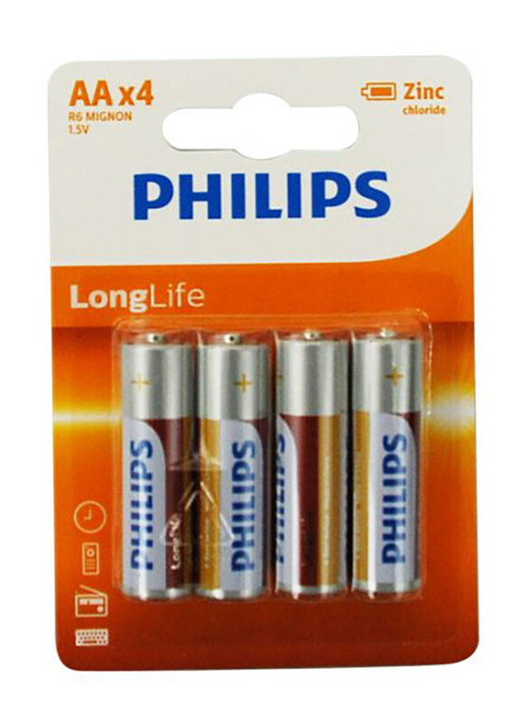 

Philips 1.5V AA Long Life Zinc Batteries, 4 Pieces, Multicolour