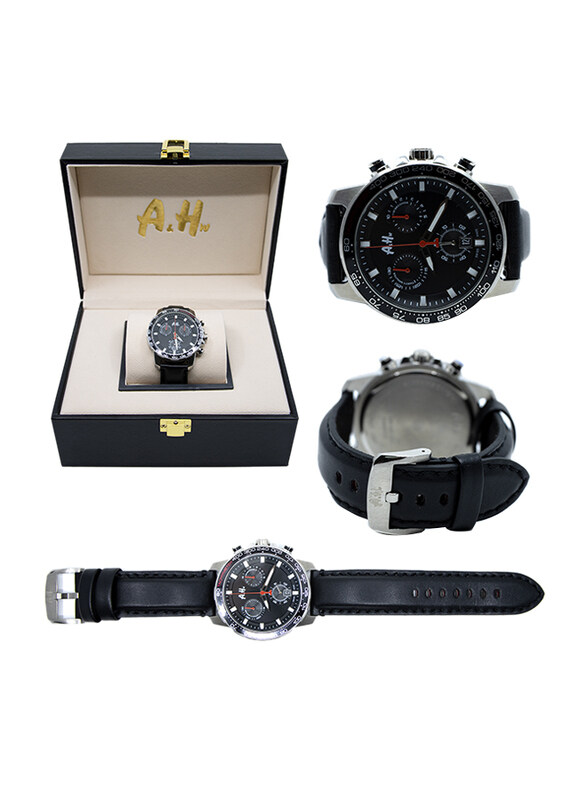 

A&H Analog Watch for Men with Leather Band, Chronograph, Black