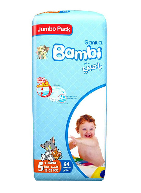 Sanita Bambi Baby Diapers, Size 5, Junior, 12-22 kg, Jumbo Pack, 54 Count