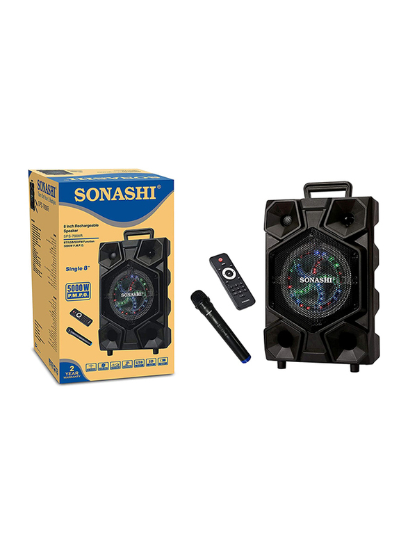 Sonashi SPS7908R Portable & Rechargeable Professional Speaker with Remote Control & Mic, 5000W, Black